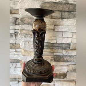 Ornate Candle Pilar Holder Polished Stone Resin 11” Dark Bronze Grecian Regency